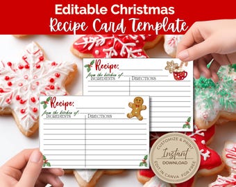 Editable Christmas Recipe Card Template, Cookie Exchange Party, Printable (Digital Download)