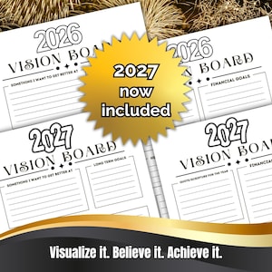Puede incluir: Una colección de plantillas de tablero de visión en papel blanco con texto negro, con encabezados para 2026 y 2027, secciones para metas financieras, objetivos a largo plazo y mejoras, con un gráfico de estrella dorada que dice 2027 now included.