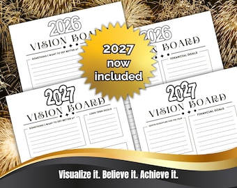May include: A collection of white paper vision board templates with black text, featuring headers for 2026 and 2027, sections for financial goals, long-term goals, and things to improve, with a gold starburst graphic stating 2027 now included.