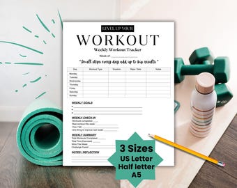 Weekly Workout Tracker Printable, Daily Exercise Log, Fitness Journal, Workout Planner, Fitness Planner, 3 Sizes, A5, US letter, Half Letter
