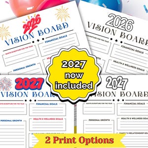 May include: Four printable vision board templates for 2026 and 2027, featuring sections for financial, health, and personal growth goals. A central yellow starburst badge states 2027 now included, and a bottom banner reads 2 Print Options.