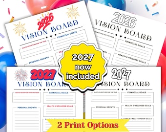 May include: Four printable vision board templates for 2026 and 2027, featuring sections for financial, health, and personal growth goals. A central yellow starburst badge states 2027 now included, and a bottom banner reads 2 Print Options.