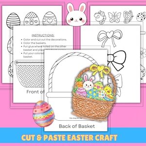 May include: A Cut & Paste Easter Craft kit with instructions. The kit includes coloring pages of Easter eggs, baskets, and decorations. A completed basket is shown with a bunny, eggs, and a chick. The text "Cut & Paste Easter Craft" is at the bottom.