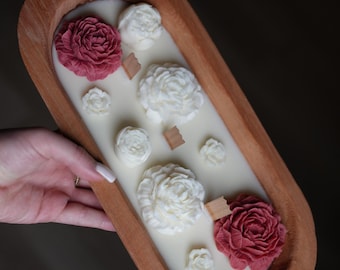 Wooden Dough Bowl Candle, Floral Design, Triple Wooden Wick, Soy Wax Home Decor