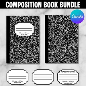May include: A composition book bundle featuring two notebooks with black and white speckled covers. The notebooks have a white label with the text "80 Sheets 160 Pages narrow ruled". The bundle includes a Canva logo and additional labels.