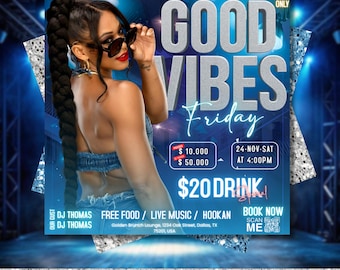 Bewerkbare Good Vibes Friday-feestflyers, PSD-flyers, sjablonen voor nachtclubflyers, DJ- of muziekclubevenementen voor sociale media, bewerkbare canva
