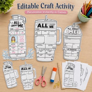 May include: An editable craft activity set featuring black and white printable templates shaped like water bottles and cups with the text All About Me. Includes scissors, a glue stick, a wooden ruler, and colored pencils in a cup holder.