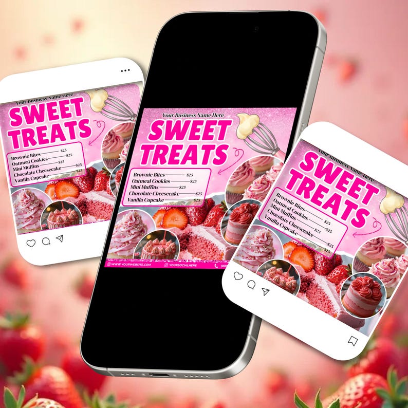 May include: A digital display featuring a pink and white graphic for "Sweet Treats." The image showcases various desserts like cupcakes, cheesecake, and strawberries. The menu includes prices for items like brownie bites and vanilla cupcakes. A whisk graphic is also present.