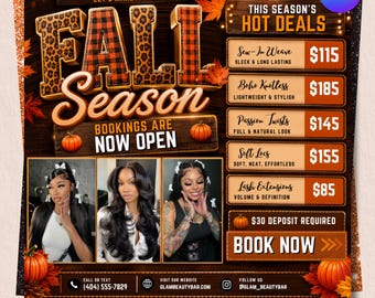 Fall Season Booking Flyer, Fall Szn Sale, September Booking, Fall Hair Booking Flyer, Editable Canva Salon Price Menu, Digital Download