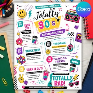 May include: A vibrant poster advertising Teacher Appreciation Week with a 90s theme. It includes a boombox, cassette tape, and a Rubik's Cube. The poster details daily events such as a snack bar and raffle. The text says "Totally Rad!"