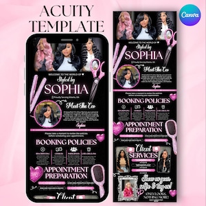 May include: A pink and black promotional graphic for a hair stylist named Sophia. The design includes images of hairstyles, scissors, and text about booking policies and services. The text includes "Styled by Sophia" and "Proudly Serving Atlanta, GA."