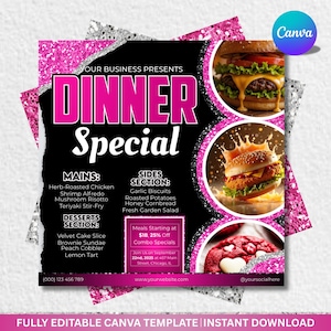 May include: A pink and black dinner special flyer with images of burgers and desserts. The flyer lists main courses, side dishes, and desserts. The text includes "Dinner Special" and "Combo Specials."