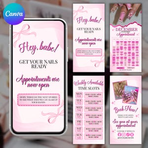 May include: A pink and white digital advertisement for nail appointments. The design includes a smartphone graphic with text "Hey, babe! Get your nails ready. Appointments are now open." Additional panels show available time slots and nail art.