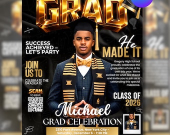 Class of 2026 Gold Graduation Invitation, Editable Magazine Style Black Boy College High School Grad Party Canva Editable