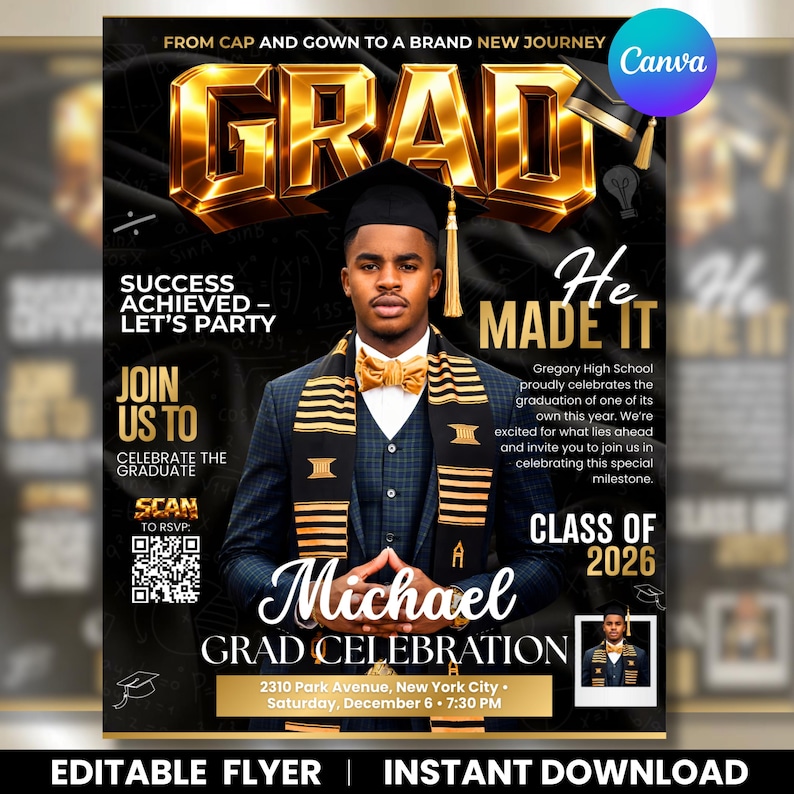 Class of 2026 Gold Graduation Invitation, Editable Magazine Style Black Boy College High School Grad Party Canva Editable