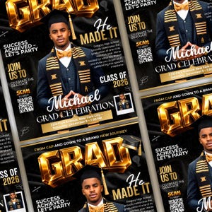 Class of 2026 Gold Graduation Invitation, Editable Magazine Style Black Boy College High School Grad Party Canva Editable