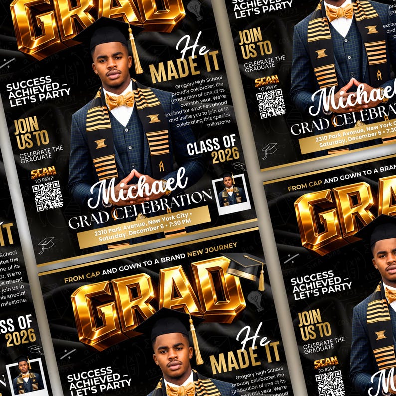 Class of 2026 Gold Graduation Invitation, Editable Magazine Style Black Boy College High School Grad Party Canva Editable