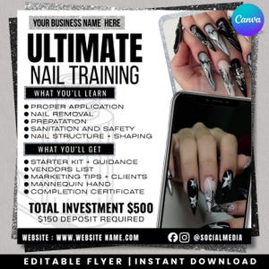 Op de afbeelding: Advertentie voor Ultimate Nail Training, met een zwart en zilver ontwerp met afbeeldingen van manicuur nagels. De flyer bevat onderwerpen als correcte applicatie, nagelverwijdering en hygiëne. Inclusief website en social media.