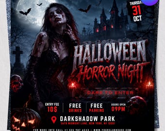 Editable Halloween Party Flyer Canva Template, Halloween Party Flyer Template , Horror Night Event Poster, Spooky Social Media Promotion
