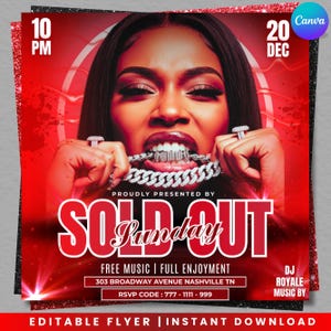 Puede incluir: Folleto rojo y negro con una mujer sosteniendo una cadena plateada. El folleto dice "SOLD OUT Sunday" con detalles del evento: Free Music, 303 Broadway Avenue Nashville TN, y código RSVP. El folleto es una descarga instantánea.