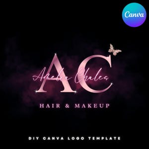 May include: A logo design for "Amelia Chales Hair & Makeup" against a black background. The design features the letters "AC" in a rose gold color, with the name in a cursive font. A butterfly and the text "DIY Canva Logo Template" are also included.