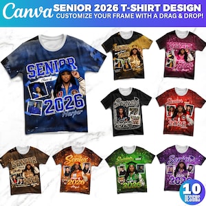 May include: A collection of ten t-shirt designs featuring a "Senior 2026" theme. Each shirt displays a photo of a person, the year 2026, and the name of the person. The shirts are in various colors, including blue, black, brown, red, green, and purple.