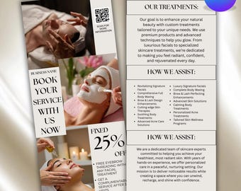 May include: A promotional flyer for a skincare service. The flyer features images of facial treatments and includes text such as "Book Your Service With Us Now" and "Fixed 25% Off." The flyer also lists various treatments offered.