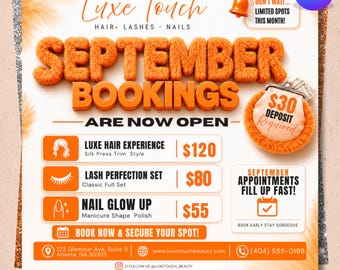 September Beauty Booking Flyer, Editable Canva Salon Menu, Hair Lash Nail Specials,  Bookings Are Now Open Flyer, Instant Digital Download