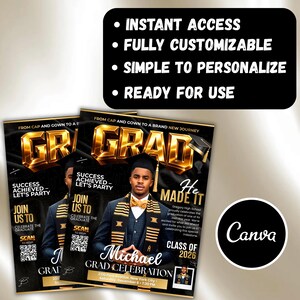 Class of 2026 Gold Graduation Invitation, Editable Magazine Style Black Boy College High School Grad Party Canva Editable