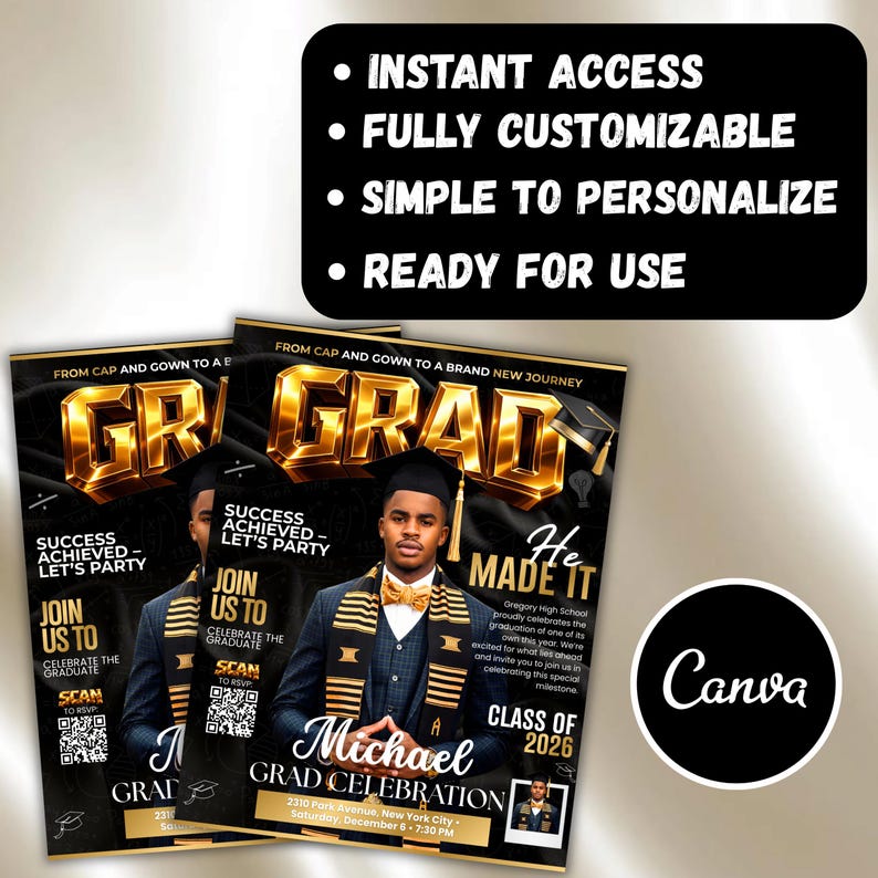 Class of 2026 Gold Graduation Invitation, Editable Magazine Style Black Boy College High School Grad Party Canva Editable