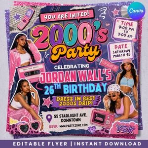 Può includere: Un volantino vivace per una festa a tema anni 2000, che celebra il 26° compleanno di Jordan Wall. Il design presenta un'estetica a collage con immagini di persone, un'audiocassetta e una fotocamera retrò rosa. Il volantino include la data, l'ora e il luogo della festa.