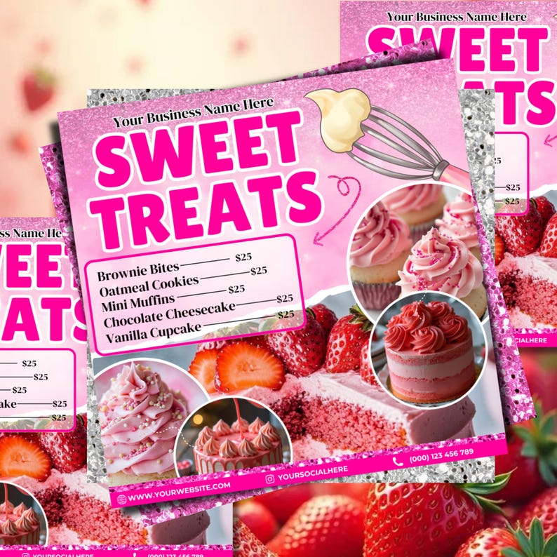 May include: Pink promotional flyer for a bakery, featuring the text "SWEET TREATS" and images of cupcakes, cake slices, and strawberries. The flyer lists various baked goods like brownie bites and vanilla cupcakes.