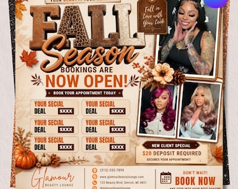 Fall Season Booking Flyer, Fall Szn Sale, September Booking Flyer, Fall Season Lash Nails Braids MUA Autumn Flyer, Fall Wig Install Flyer