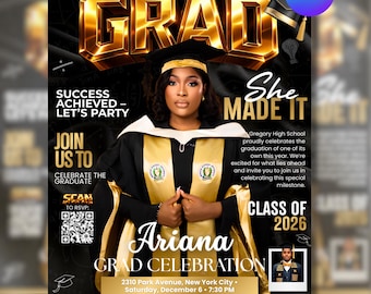 Class of 2026 Gold Graduation Invitation, Editable Magazine Style Black Boy College High School Grad Party Canva Editable
