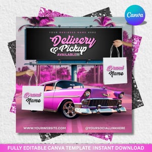 May include: A pink classic car is featured in a promotional image with a billboard that reads "Delivery & Pickup AVAILABLE!!!". The image includes shopping bags with a brand name and website and social media information.