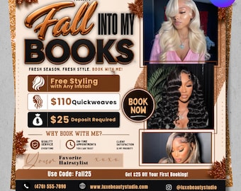 Fall Season Booking Flyer, September Booking Flyer, Fall Into My Chair,Lashes Nails Wig Braids, Canva Template,Fall Season Flyer Template