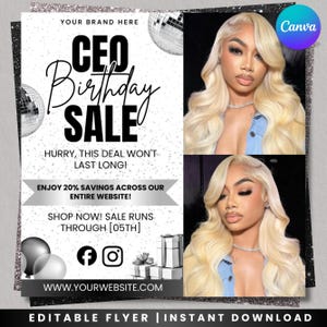 May include: Black and white flyer advertising a "CEO Birthday SALE". The design features a woman with blonde hair, disco balls, and gift boxes. The text includes "Enjoy 20% savings" and social media icons. The flyer is for an online sale.