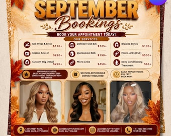 September Hair Booking Flyer, September flyer, Editable Canva Fall Booking Flyer, Autumn Hairstylist Promotion, Instant Digital Download