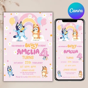 Puede incluir: Una invitación de cumpleaños rosa con personajes de Bluey, un arcoíris y globos. La invitación incluye el texto "Amelia Cumple 4" y detalles del evento. Un smartphone muestra el mismo diseño.