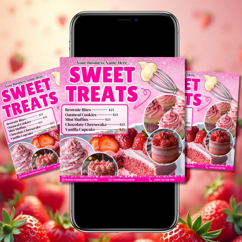 May include: A pink and white graphic for a sweets business, displayed on a smartphone. The design features the text "SWEET TREATS" and a menu listing desserts like brownie bites and cupcakes. Images of the treats and strawberries are also included.