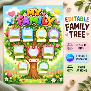 Peut inclure: Un modèle d'arbre généalogique numérique avec un grand arbre aux cadres photo colorés, le texte MY FAMILY, et des étiquettes latérales indiquant EDITABLE FAMILY TREE, 8.5 x 11 INCH, EDITABLE IN CANVA, et PRINT AT HOME, sur un fond de ciel ensoleillé.