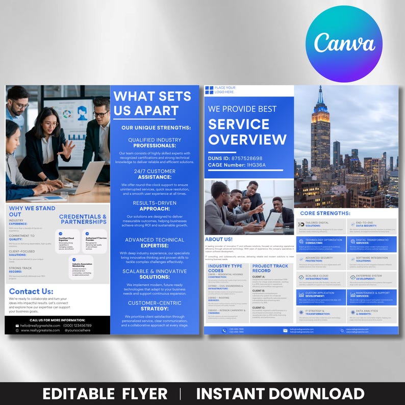 Capability statement template, Canva corporate flyer, editable business capability statement, company profile flyer, professional company overview template, corporate brochure Canva editable, business marketing flyer, modern corporate design template