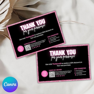 Puede incluir: Dos tarjetas de agradecimiento negras y rosas con el texto "THANK YOU for your purchase!" y un código de descuento. Las tarjetas incluyen un lugar para un logotipo, un código QR e información de contacto.