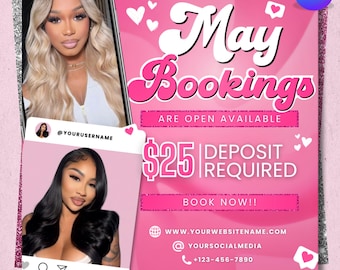 May Booking Flyer, Mothers Day Booking Flyer, May Hair, May Books Open, May Appointment Flyer, May Book Now, May Lashes Nail Braid Wig Flyer