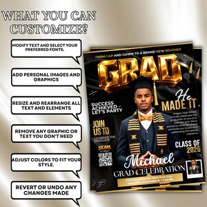Class of 2026 Gold Graduation Invitation, Editable Magazine Style Black Boy College High School Grad Party Canva Editable