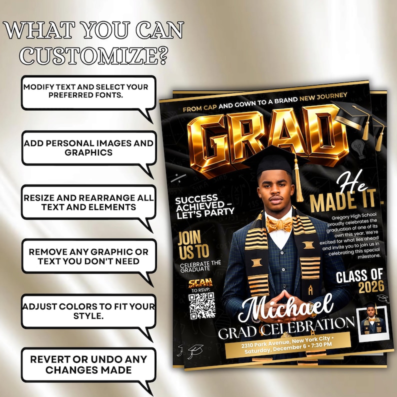 Class of 2026 Gold Graduation Invitation, Editable Magazine Style Black Boy College High School Grad Party Canva Editable