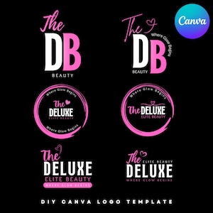 Op de afbeelding: Een zwarte achtergrond met meerdere roze en witte logo's voor een schoonheidsmerk. De logo's bevatten de tekst "The DB BEAUTY", "The DELUXE ELITE BEAUTY" en "Where Glow Begins". Een Canva-logo staat in de rechterbovenhoek.