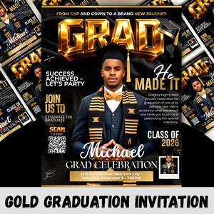 Class of 2026 Gold Graduation Invitation, Editable Magazine Style Black Boy College High School Grad Party Canva Editable