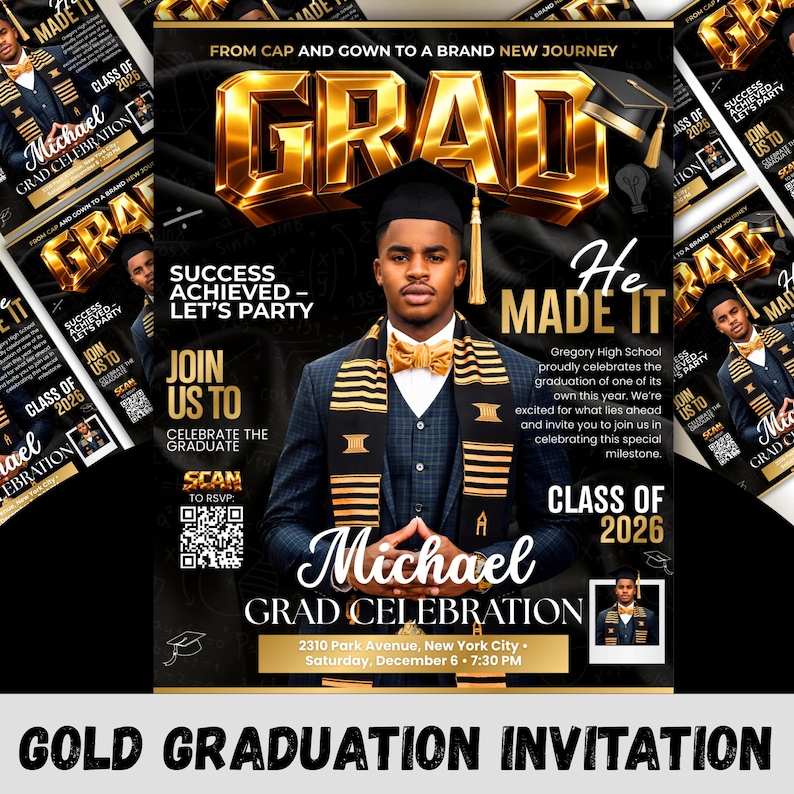 Class of 2026 Gold Graduation Invitation, Editable Magazine Style Black Boy College High School Grad Party Canva Editable