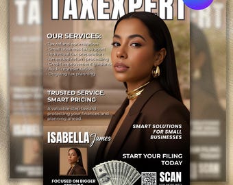 Folleto de revista para la temporada de impuestos, folleto moderno de preparación de impuestos, preparación de reembolsos de impuestos editable, folleto de marketing para contables, folleto editable en Canva